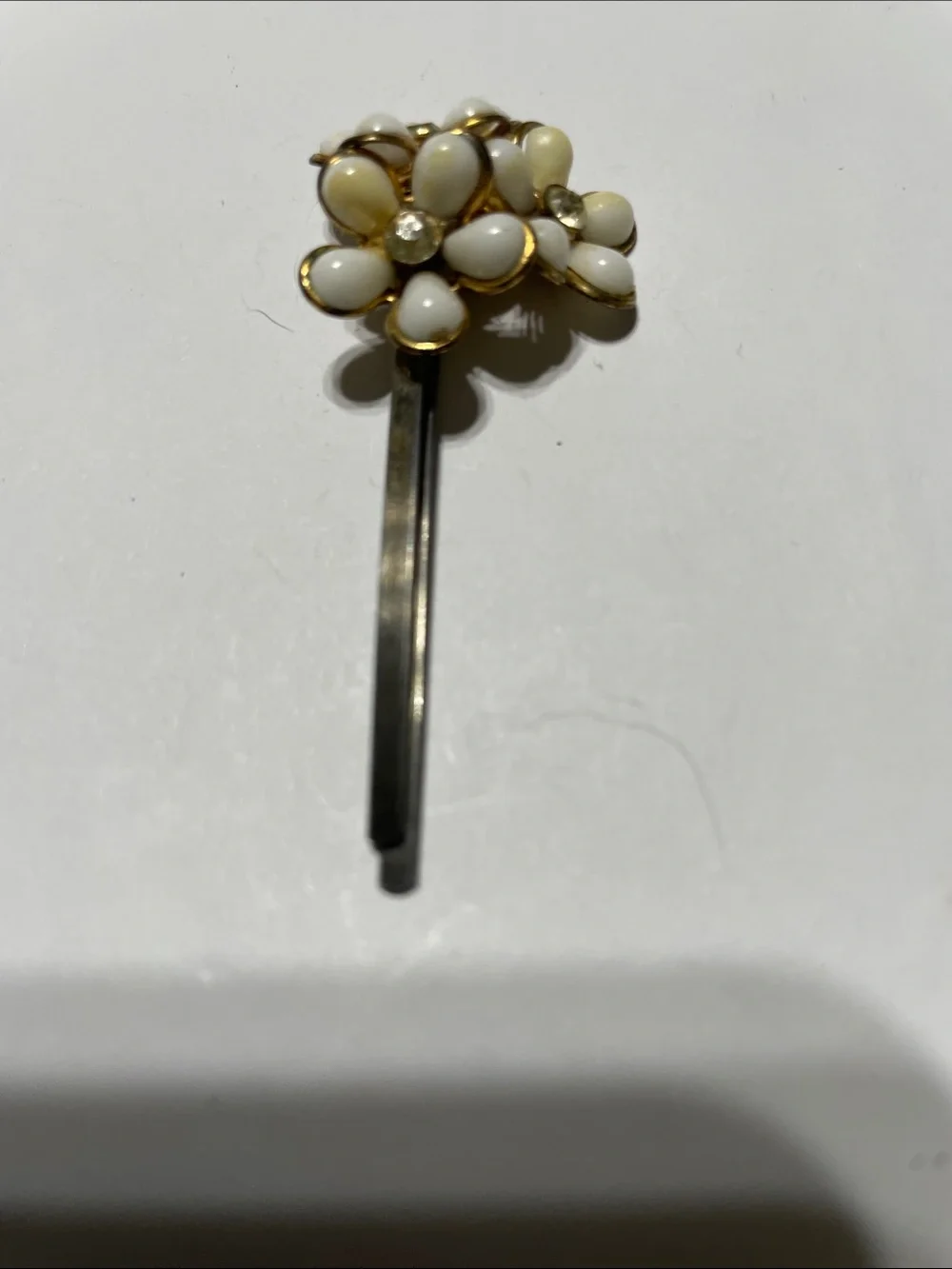 Hair Clip - Gold & Cream Floral Hair Pin with Crystal Accent.  8/10/6